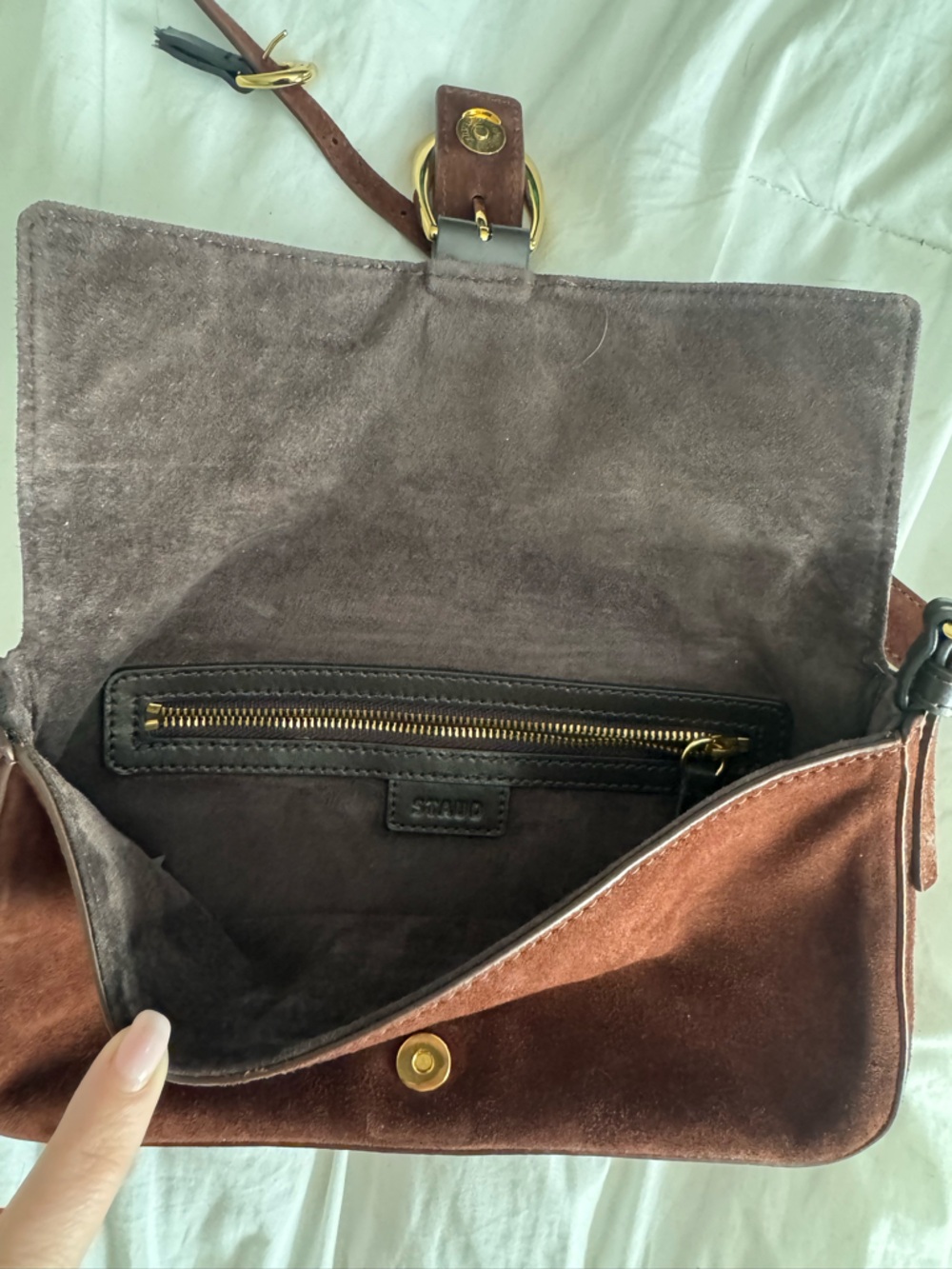 Staud Harlow Brown Suede Shoulder Bag with Broken Strap - Picture 2 of 6